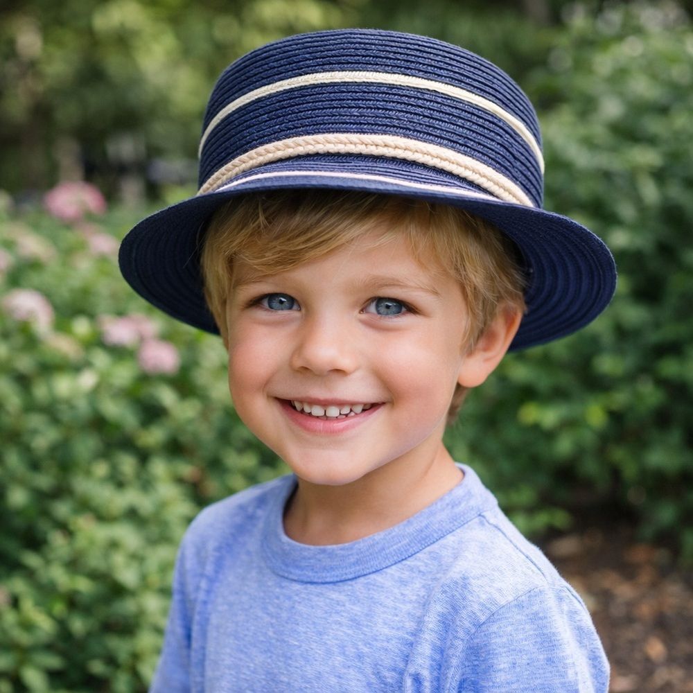 Land’s End Hat Blue straw navycream accents lightweight Small Women or Kids